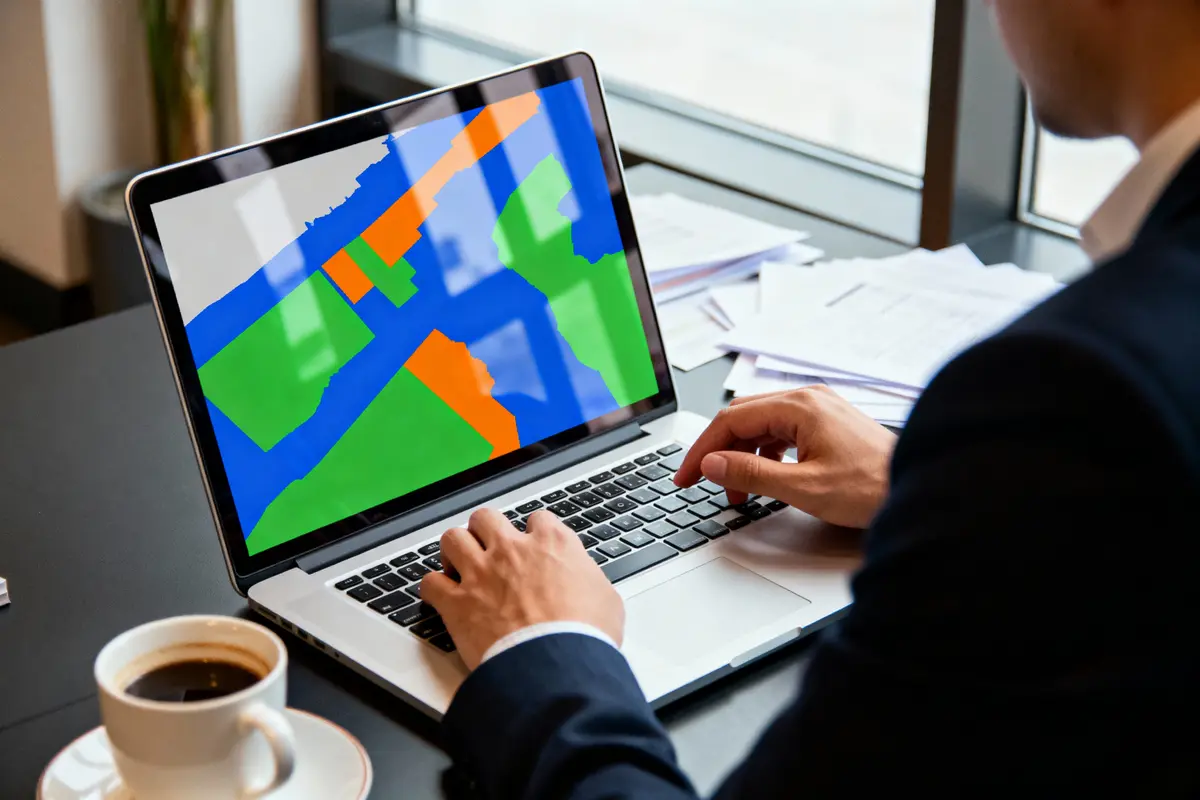 Personne travaillant sur ordinateur portable affichant une carte géographique colorée avec zones vertes, bleues et orange, tasse de café à proximité.