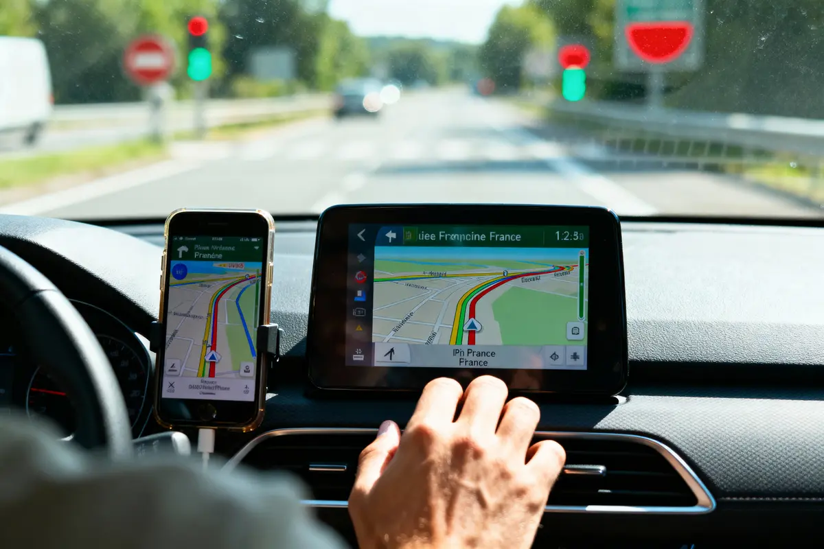Tableau de bord de voiture avec smartphone et écran GPS intégré affichant une navigation routière en France.