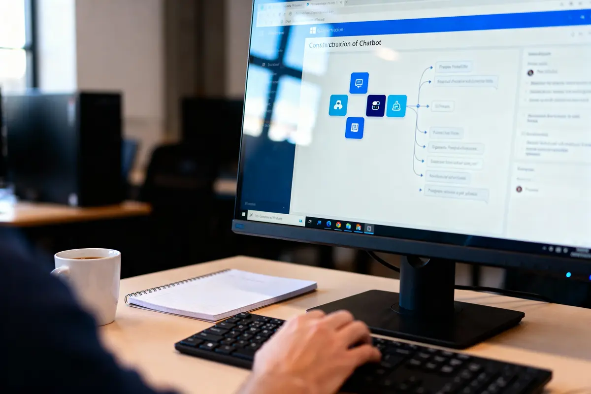 Écran d'ordinateur affichant un diagramme de configuration de chatbot avec des icônes bleues, bureau avec clavier, tasse et carnet.