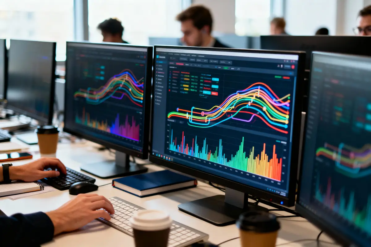 Écrans d'ordinateur affichant des graphiques colorés et des données analytiques dans un environnement de bureau professionnel moderne.