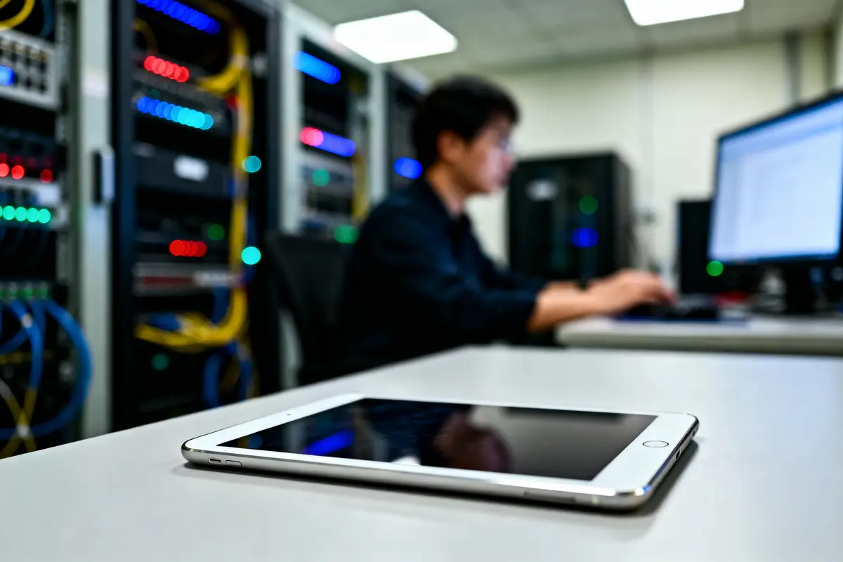 Tablette posée sur un bureau avec technicien travaillant sur ordinateur près de serveurs informatiques aux lumières LED colorées.