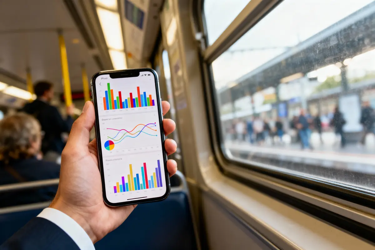 Smartphone affichant des graphiques et statistiques colorés tenu dans un train, avec passagers et quai en arrière-plan.