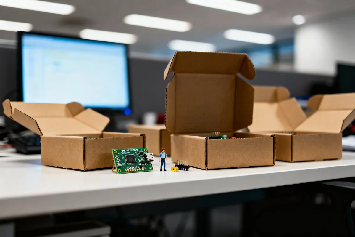 Cartons d'emballage ouverts avec circuits électroniques et figurine miniature sur une table de bureau avec écran en arrière-plan.