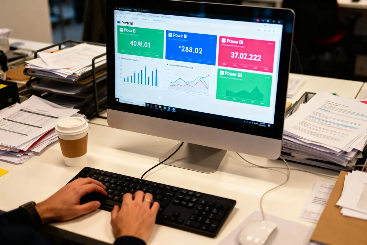 Écran d'ordinateur affichant des tableaux de bord Power BI colorés avec des graphiques et des statistiques sur un bureau de travail.