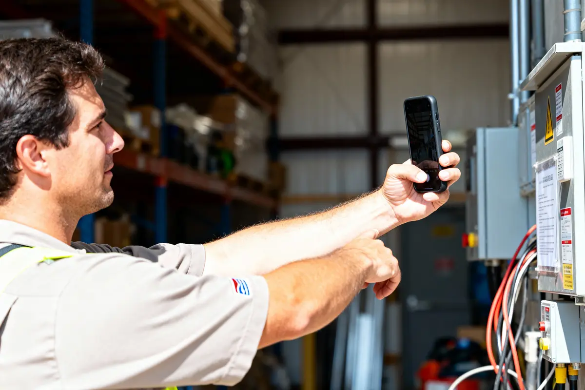 Technicien utilisant un smartphone pour scanner ou contrôler un équipement électrique industriel dans un entrepôt.