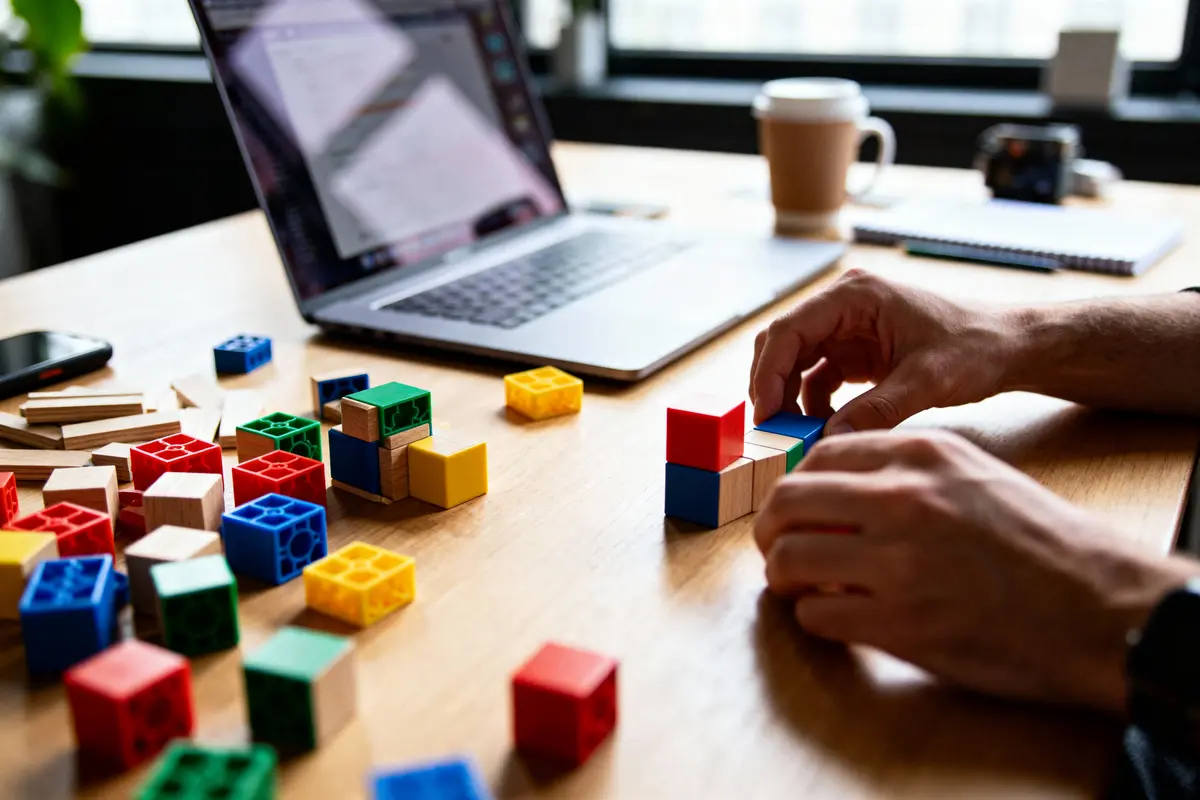 Personne assemblant des blocs de construction colorés sur un bureau avec ordinateur portable, café et cahier en arrière-plan.