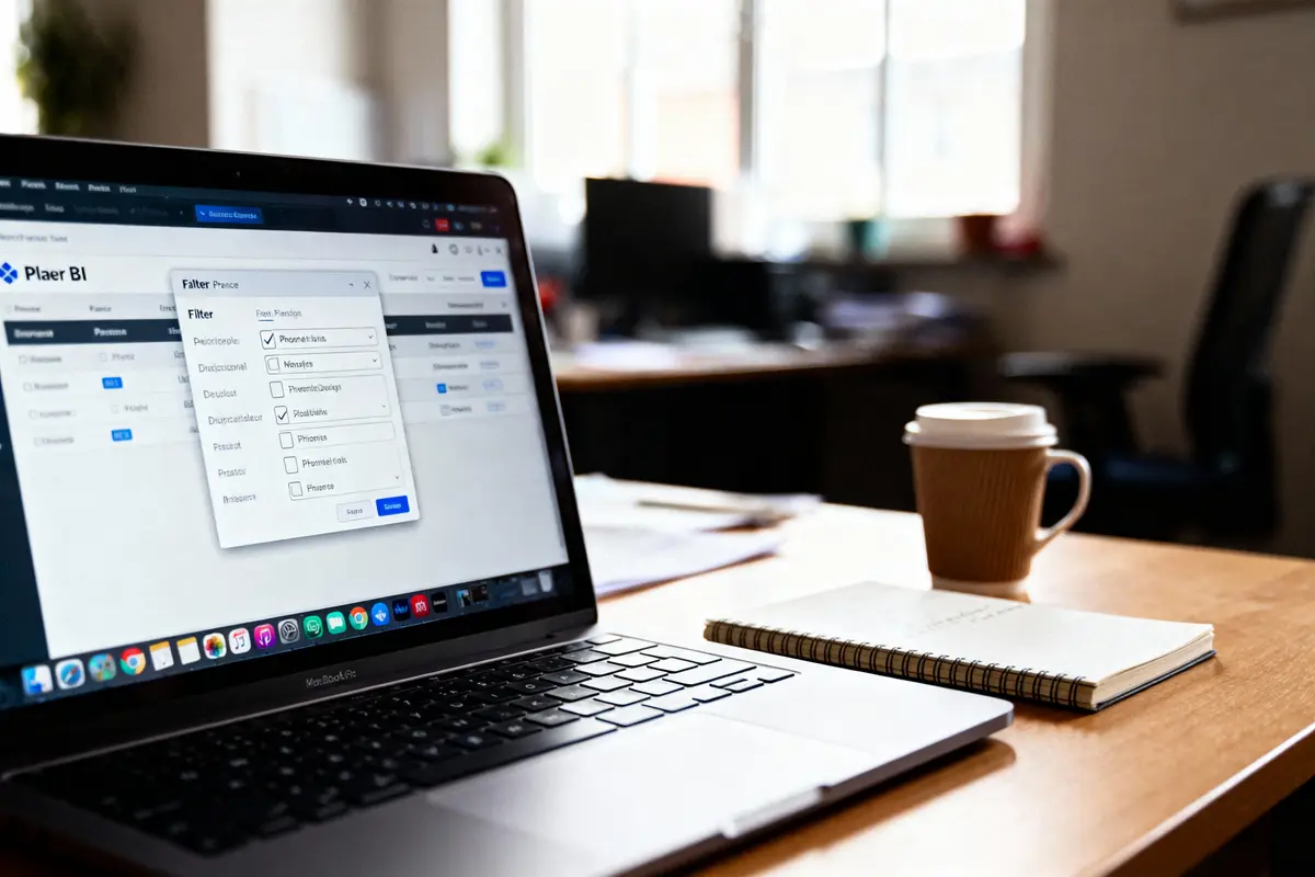MacBook Pro affichant l'interface Plaer BI avec un filtre ouvert, posé sur un bureau avec tasse de café et carnet.