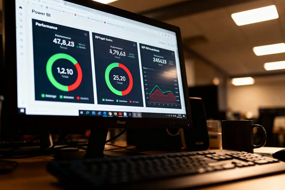 Tableau de bord Power BI affichant des graphiques circulaires de performance et KPI sur un écran d'ordinateur de bureau.