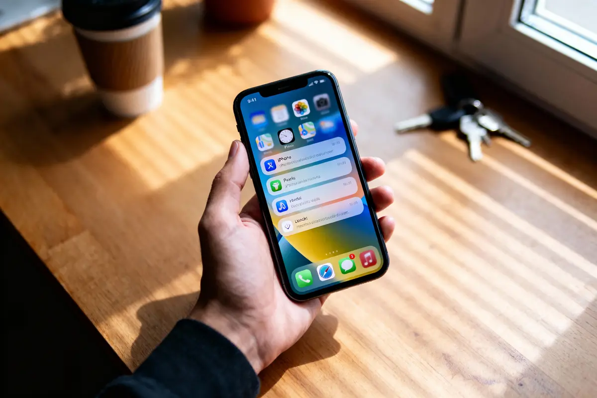Main tenant un iPhone affichant l'écran d'accueil iOS avec des notifications, posé sur une table en bois près d'un café.