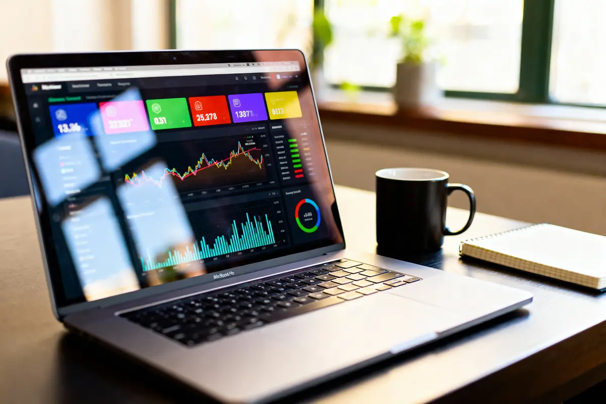 Ordinateur portable affichant un tableau de bord financier avec graphiques, données boursières et statistiques colorées sur un bureau avec tasse noire.